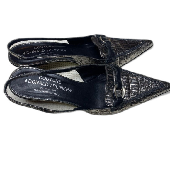 DONALD J PLINER Couture Slingback Heels Pointed Embossed Womens 6 Black Silver - Picture 4 of 7